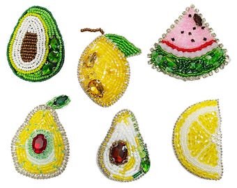 Beaded Fruit Applique Patch, Avocado Lemon Watermelon Embroidered Badge, DIY Clothing Accessory, 1pcs
