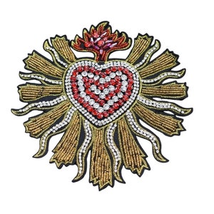 1pc 6.7&quot;x 7&quot; Sacred Heart Embroidered Patch, Decorative Appliques, Beaded Patches, Beaded Heart Applique, Mexican Heart Patch