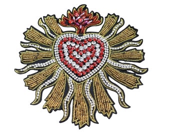 1pc 6.7"x 7" Golden Sacred Heart Beaded Patches, Decorative Appliques, Exceptional Rhinestone Embroidery for Custom Sewing