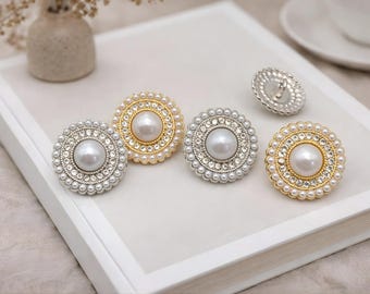 6 botones de perlas de cristal con diamantes de imitación: adornos de costura de metal dorado (18-23 mm)