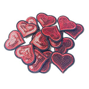 10 Red Sequin Heart Patches: Shimmering Applique