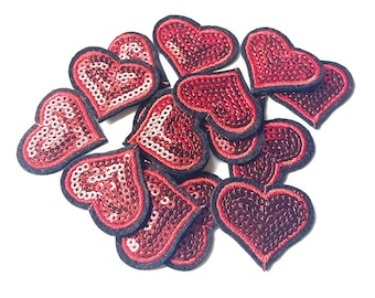 10 Red Sequin Heart Patches: Shimmering Applique