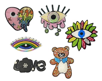 Beaded Sacred Heart Patch: Embroidered Rhinestone Evil Eye Applique, 1pcs
