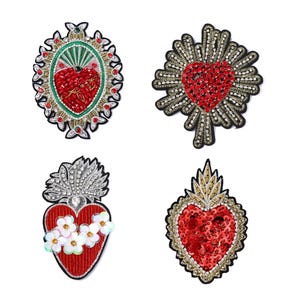 Set Embroidery Beaded Heart Sequined Applique Patch, Rhinestone Sequined Sew on Patches, Large Embroidered Applique for Cloth, Heart Patch