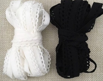Picot Edge Underwear Elastic Trim, Lingerie Bra Making, Black White 10mm, 10-20 Yards