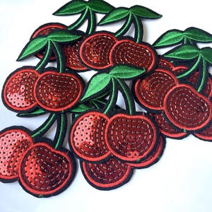 10pcs, 3 colors Sequin Embroidered Cherries, Iron On Patch, Cherry Patch, Sequin Badge, Clothes Badge, Sew On or Iron On, Fruit Patch