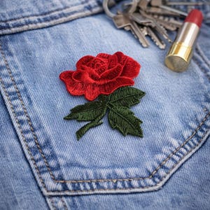 Könnte beinhalten: Ein roter Rosenaufnäher mit grünen Blättern ist auf der Tasche eines blauen Jeanskleidungsstücks angebracht. Ein Lippenstift und Schlüssel sind ebenfalls zu sehen. Die Rose verleiht dem Denim eine dekorative Note.