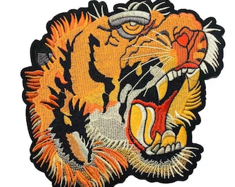 Roaring Tiger Head Patch: Embroidered Sew-On Applique, 1pcs