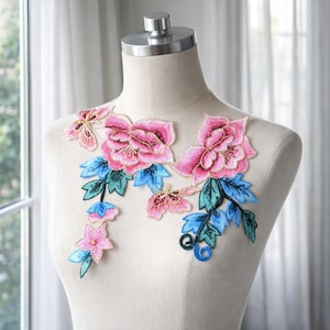 Conjunto de apliques de renda com flor de lótus rosa, apliques bordados para vestido de noiva, aplique para costura de noiva