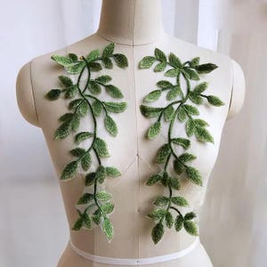 Green Vine Embroidery Lace Applique: Forest Leaves Dress Patches (Pair)
