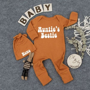 Custom Auntie's Bestie Bodysuit, Baby Sleepsuit Outfit, Cute Best Friend Newborn Outfit, Going home outfit, Auntie's Lil Dude, New Aunt Gift Orange