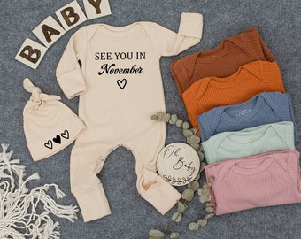 See You In Month Bodysuit And Hat, Cute Baby shirt, Custom Name Outfit, Retro Newborn, Baby Coming Soon, Gift for Newborn, pregnancy reveal