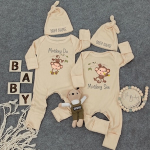 Twin Bodysuit Set, Monkey See Monkey Do, Funny Matching Outfit for Newborn Twins, Baby Shower Gift, Jungle Theme Twin Clothes, Cute Twin Set