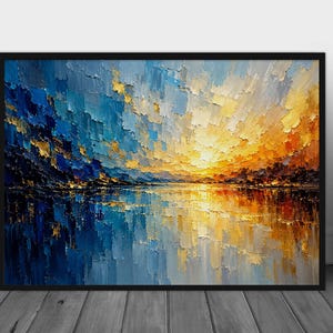 May include: An oil painting on canvas featuring a landscape with a sunset over water. The artwork uses thick, textured brushstrokes in shades of deep blue, bright yellow, and orange, creating a reflection of the sky on the water surface.