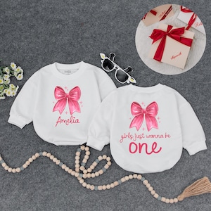 Girls Just Wanna Be One Birthday Outfit, Personalized First Birthday Baby Girl Sweatshirt, Pink Bow One Year Old Gift With Baby Name
