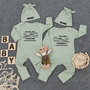 See You Later Alligator Twin Bodysuit, In A While Crocodile Outfit, Cute Kid Newborn, funny Twin Gift, Set of 2 Twins Baby Clothes and 2 hat