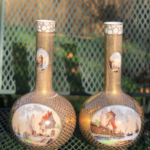 Two Antique Dresden Porcelain Vases Hand Painted 24 K German Rare 19c