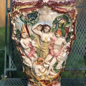 1940s Italian Porcelain Capodimonte Hand Painted Inlay Tall Vase 19” Rare