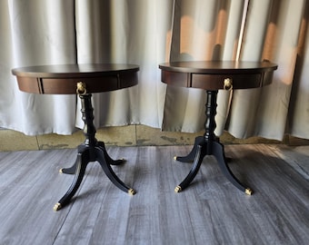 Pair of Refinished Round End Tables | Cherrywood Pedestal Side Tables