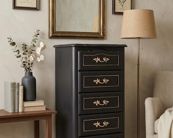 Vintage French Provincial Lingerie Dresser in Black & Gold