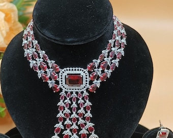 American Diamond Ad Premium Silver Ruby Necklace Set | Necklace Earring Set Ethnic |Pakistani|Asian Wedding Jewelry Adset047