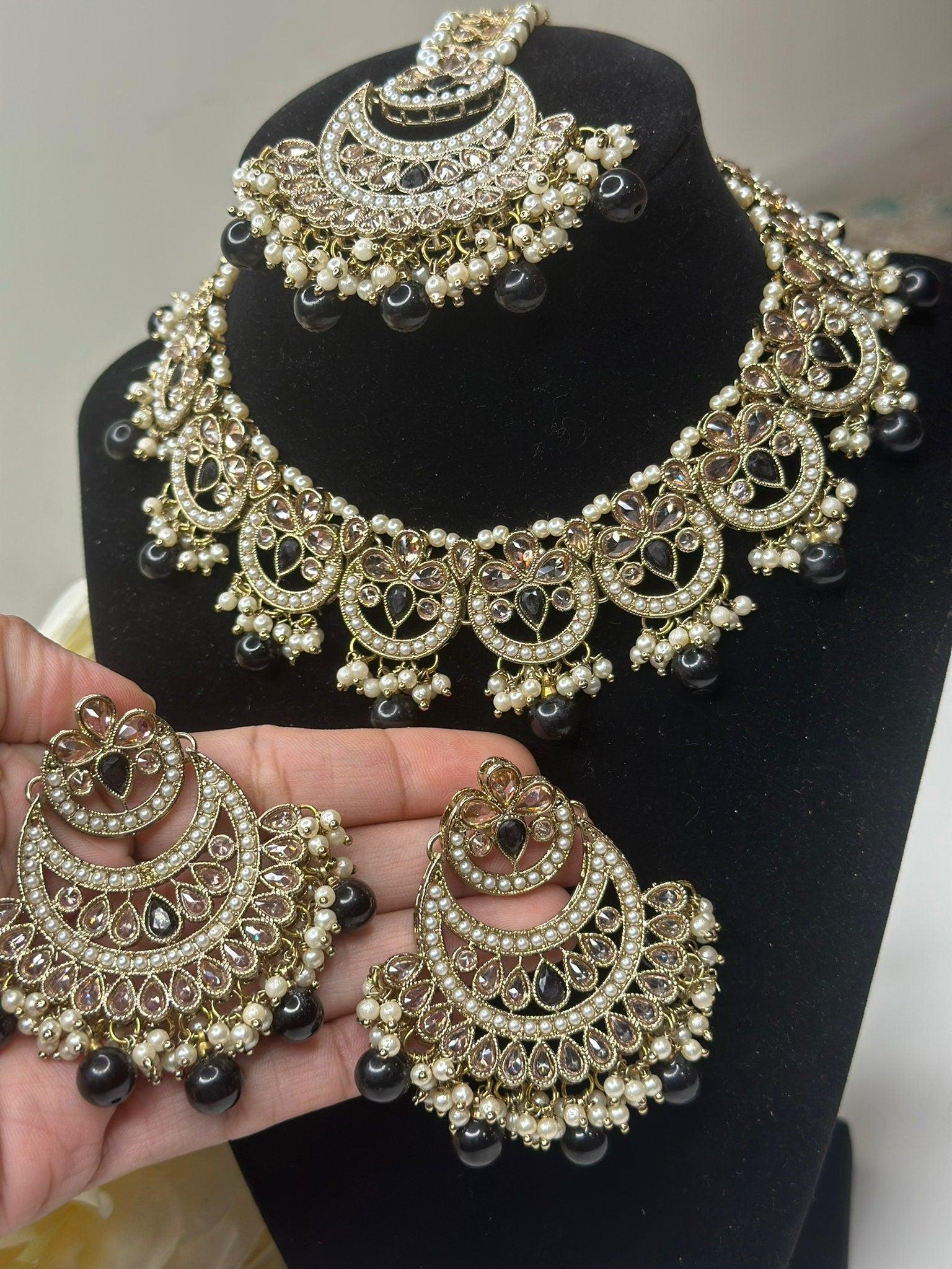Izhaar Indian Polki Reverse Ad Black Color Necklace With Earrings Tikka | Wedding Jewelry| Traditional Jewelry|Wedding Set|Reverse Ad Noori
