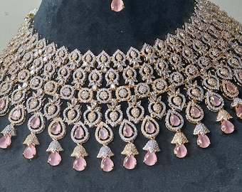American Diamond Ad Premium Pink Necklace Set | Gold Necklace Earring Set Ethnic |Pakistani|Asian Wedding Jewelry Bridal Adset003