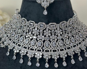 American Diamond Silver Necklace With Earrings And Tikka | Pakistani Jewelry | Indian Jewelry| Cz Necklace| Silver Necklace Adset012