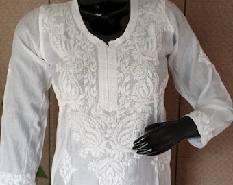 Izhaar White Premium Hand embroidered long Silk Kurti 034