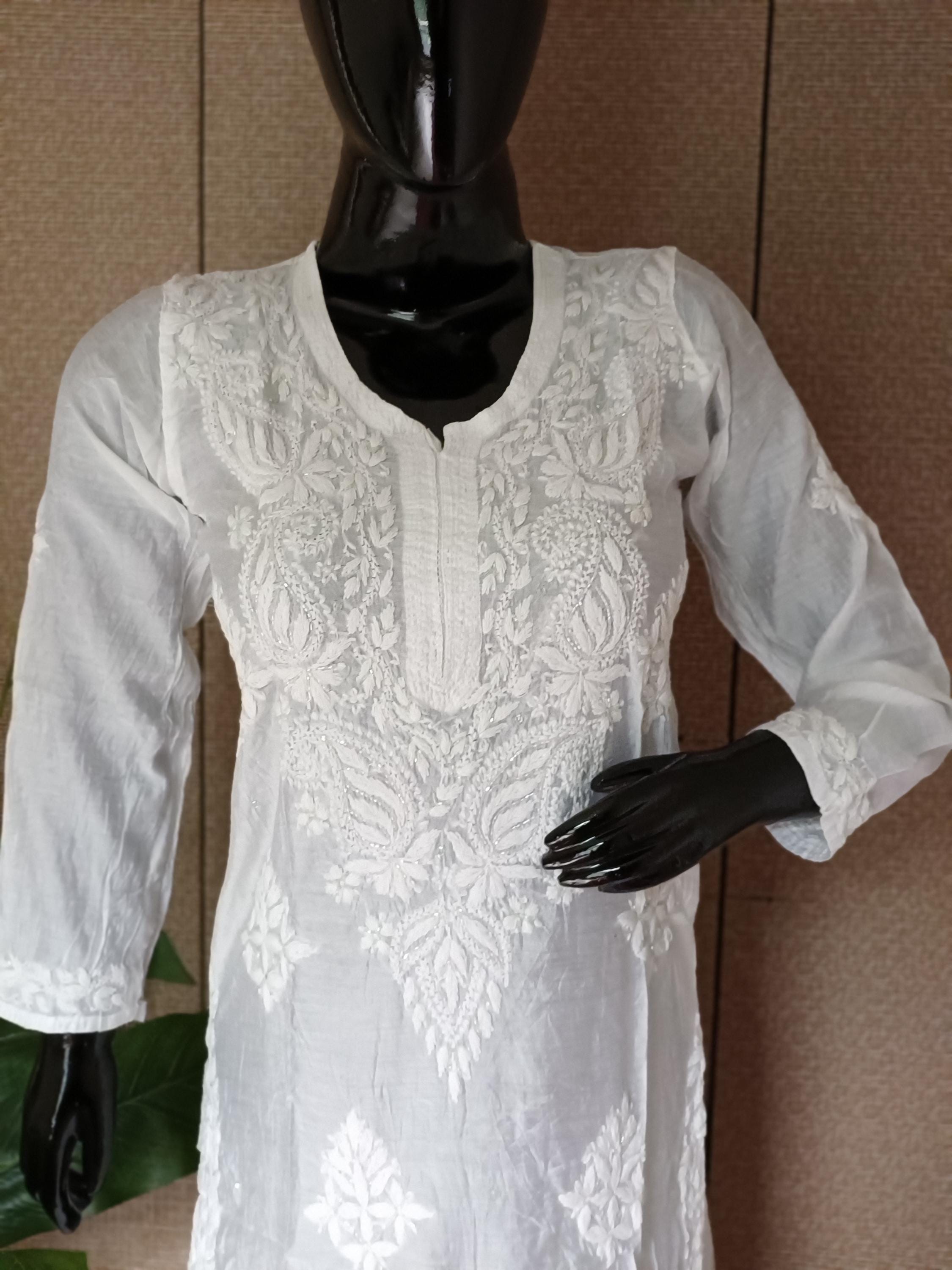 Izhaar White Premium Hand embroidered long Silk Kurti 034