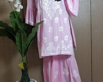 Izhaar Women Wear Modal palazzo set Hand Embroidered Chikankari Kurti set Lucknow Chikankari Kurta ethnic wear  Gift for her modal set 002
