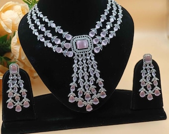American Diamond Ad Premium Silver Pink Necklace Set | Necklace Earring Set Ethnic |Pakistani|Asian Wedding Jewelry Adset047