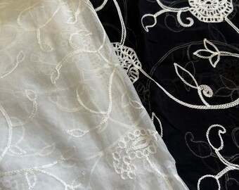 White and black chikankari work soft chiffon dupatta with crochet lace