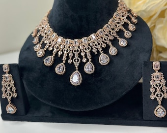 American Diamond Rose Gold Necklace With Earrings | Pakistani Jewelry | Indian Jewelry| Cz Necklace| Gold Necklace Adset027
