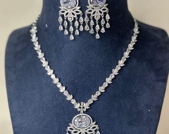 Izhaar Premium American Diamond Necklace With Earrings | Pakistani Jewelry | Indian Jewelry| Cz Necklace| Silver Necklace Adset056
