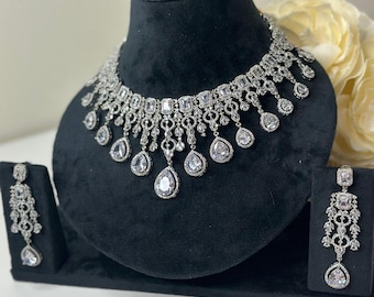 American Diamond Silver Necklace With Earrings | Pakistani Jewelry | Indian Jewelry| Cz Necklace| Silver Necklace Adset027