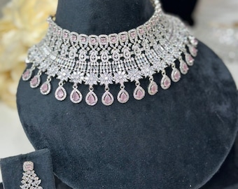 American Diamond Silver And Pink Stone Necklace With Earrings And Tikka | Pakistani Jewelry | Indian Jewelry| Cz Necklace| Silver Adset025