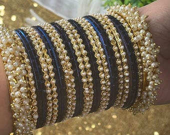 Indian Pearl bangles set with stone work kada, Indian bangles, Wedding jewelry, festive colorful bangles size 2.4|6|8|10 set is for one hand