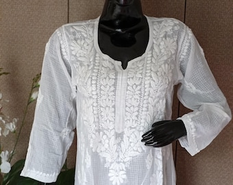 Izhaar White Premium Hand embroidered long Silk Kurti 033