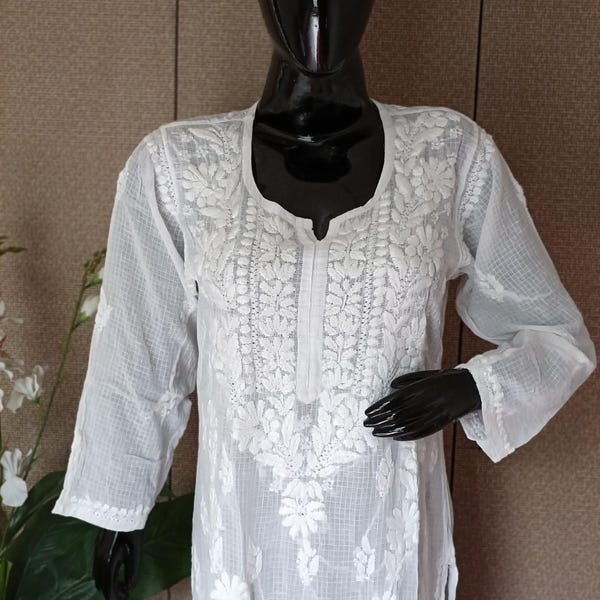 Izhaar White Premium Hand embroidered long Silk Kurti 033