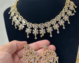American Diamond Gold Necklace With Earrings | Pakistani Jewelry | Indian Jewelry| Cz Necklace| Gold Necklace Adset041