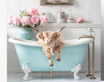 Highland Calf in Vintage Bathtub Sign, Metal Sign, Bathroom Art, Baby Cows, Scottish Cows, Cute Baby Cow Signs