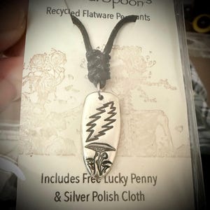 Recycled Silver Spoon Pendant 13 point Bolt and mushrooms Grateful Dead
