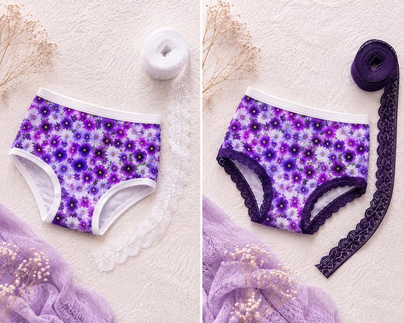 May include: Floral print underwear with a white trim and a purple floral pattern. The underwear is surrounded by white lace, purple lace, and a purple scarf. The underwear is a high-waisted style.