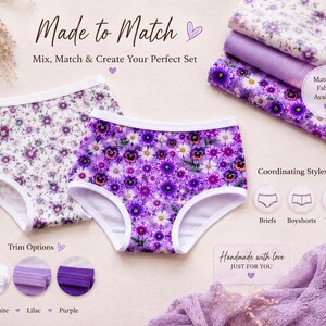 May include: Two pairs of floral print underwear with white trim, alongside coordinating fabric swatches and trim options. The text "Made to Match" and "Mix, Match & Create Your Perfect Set" are visible. The available styles are briefs, boyshorts, and thongs.