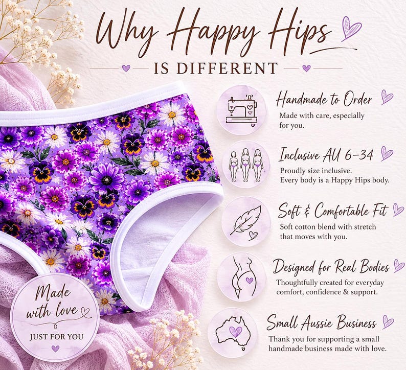 May include: Purple floral print underwear with white trim. The text "Why Happy Hips is Different" is at the top. Additional text includes "Handmade to Order", "Inclusive AU 6-34", "Soft & Comfortable Fit", "Designed for Real Bodies", and "Small Aussie Business".