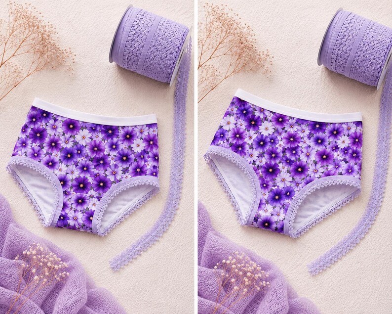 May include: A pair of purple floral print underwear with white trim and a matching lace ribbon. The underwear features a pattern of purple and white flowers. A roll of matching lace is visible in the background.