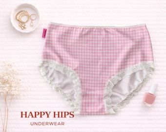 Womens Organic Cotton Underwear: Plaid Pink|  Lace |Handmade|Inclusive sizes 6-34