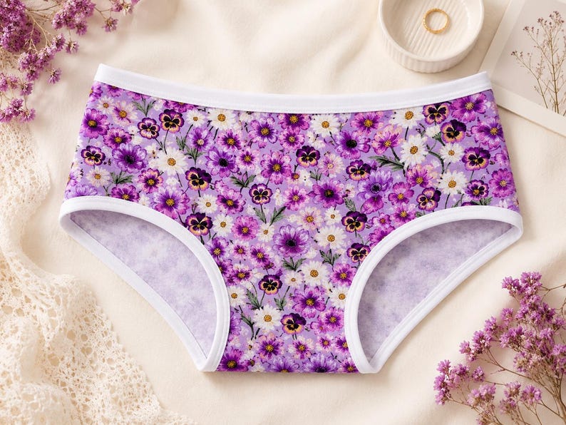 May include: Floral print underwear with a white trim. The underwear features a pattern of purple and white flowers on a light purple background. The underwear is made of a soft, comfortable material.