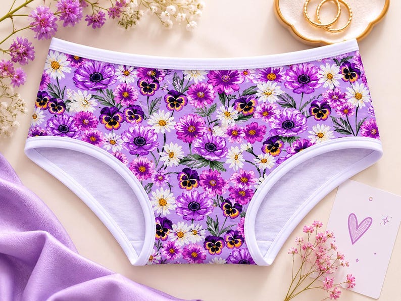 May include: A pair of purple underwear with a floral pattern featuring purple, white, and yellow flowers. The underwear has a white trim and is set against a light background with floral accents.